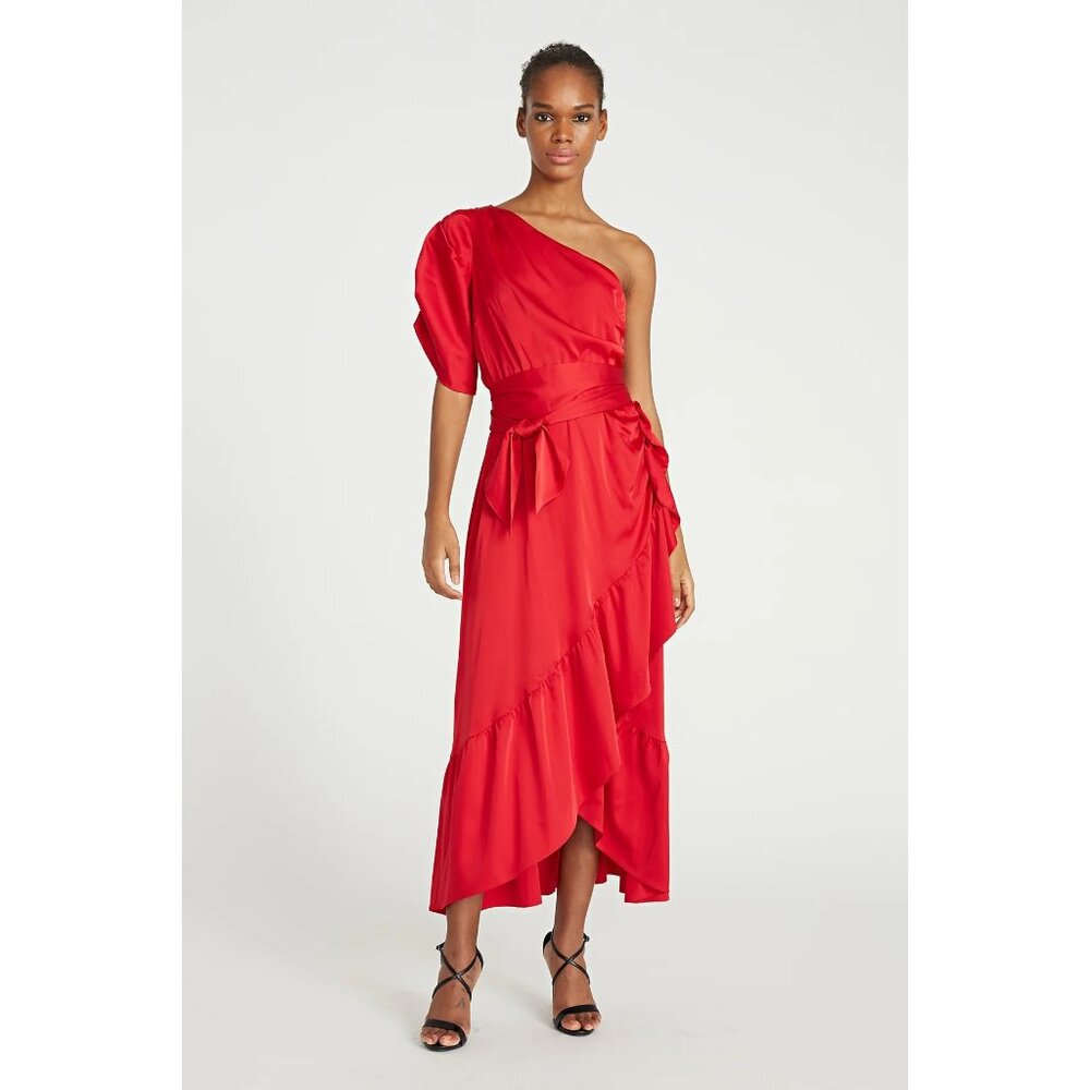 AMUR Topanga faux Red Wrap Dress 8 Sustainable Fashion party Bow (bin ii107)